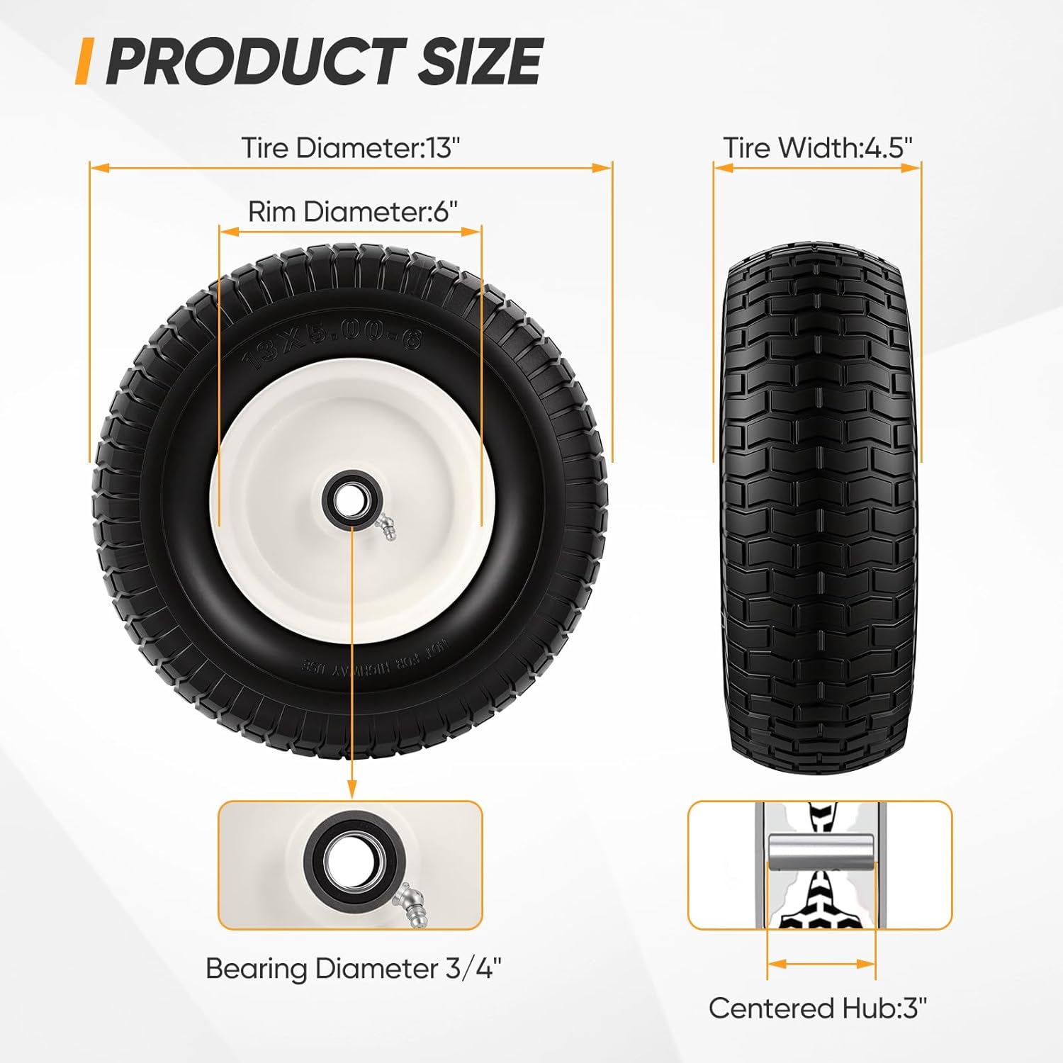 2 Pack 13x5.00-6 Flat Free Tire and Wheel Assemblies, 13x5x6 Solid Rubber Lawn Mower Tires for Riding Lawn Mower Tires and Wheel with 3/4" & 5/8" Bearings and 3" Centered Hub