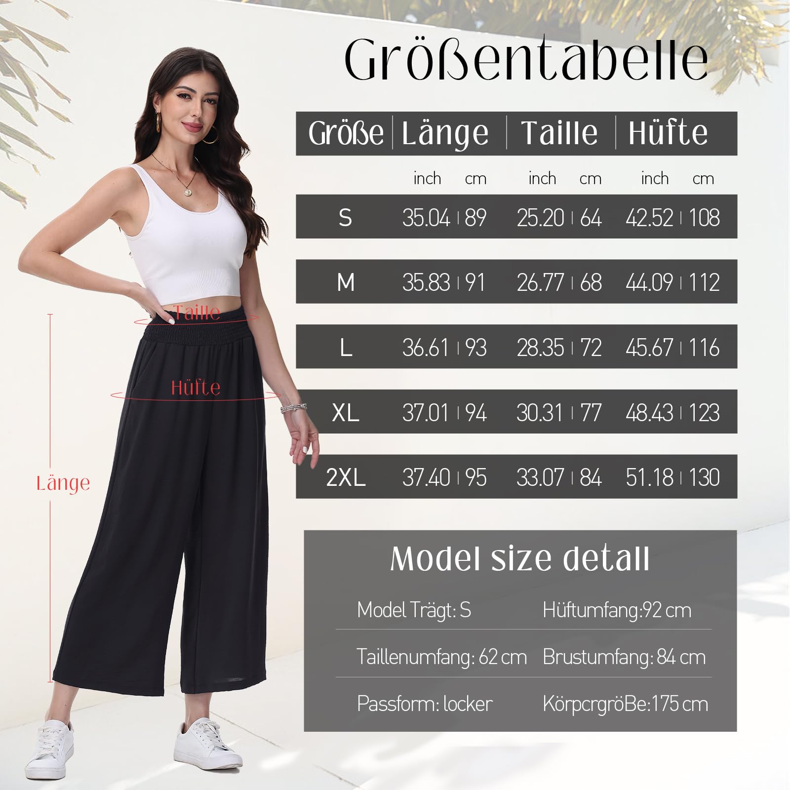 HMIYA Damen 3/4 Culotte Hose Leichte und Luftig Sommerhose Weites Bein Stoffhose