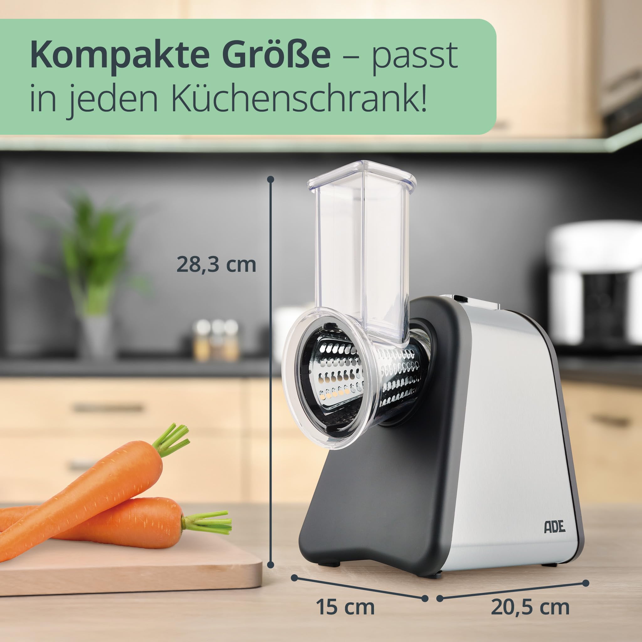 ADE Elektrische Küchenreibe | Gemüsehobel | Reibe für Obst und Gemüse | Karotten, Gurke, Nüsse | 4 extrascharfe Schneidetrommeln | Käsereibe 200 bis 500 W