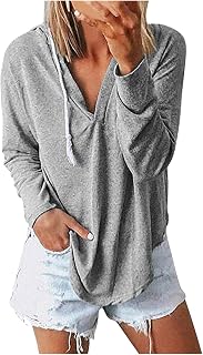 Party Tops for Women Uk Long Sleeve Trendy Plus Size T-Shirts With Drawstring Elegant Ladies Loose Fit Tunic Blouses Comfy Hugging V Neck Basic Blouse Sweatshirt Solid Color Going Out T-Shirts Leisure