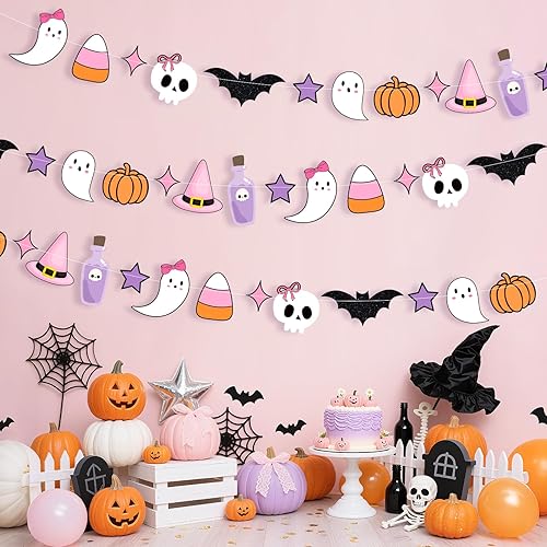 3 Pack Purple Pink Halloween Garland, Cute Pumpkin Skull Bat