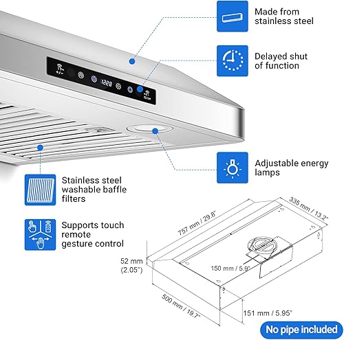 Miniatura 6 de AMZCHEF Campana extractora para debajo del gabinete de 30 pulgadas, 750 CFM, campana extractora de acero inoxidable para estufa de cocina