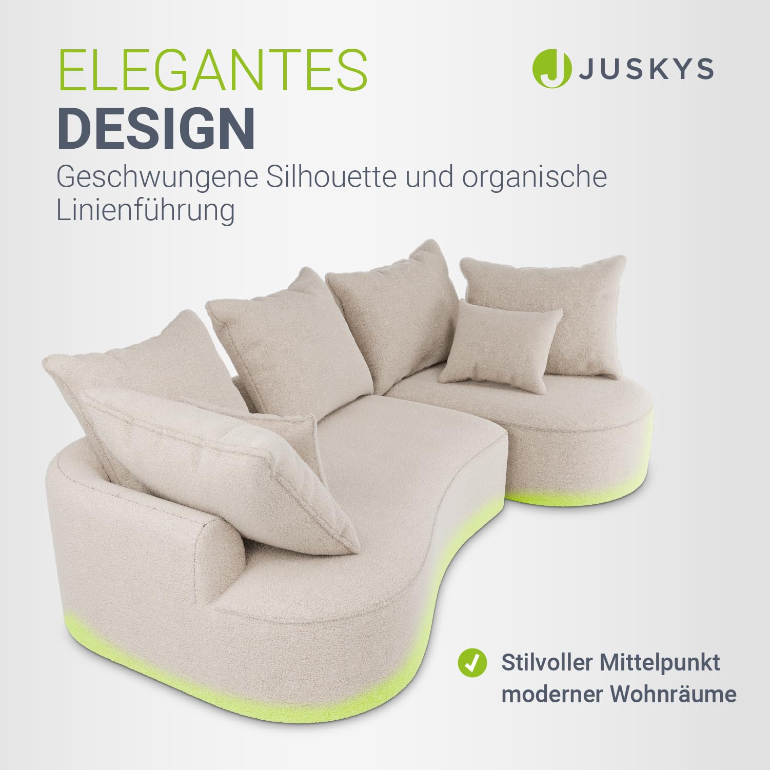Juskys Sofa Tirano - Bouclé Creme, Ecksofa mit L-Form, mit Rücken- & Dekokissen, 4-Sitzer Eckcouch, Schaumstoff - Ottomane rechts