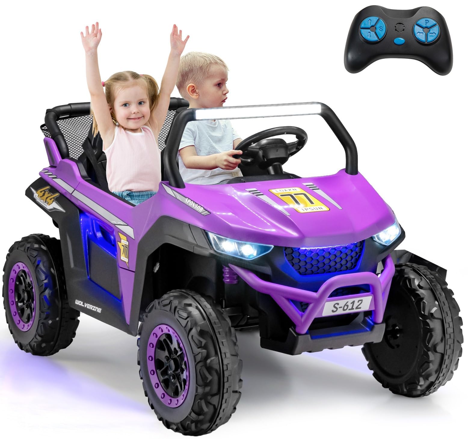 OLAKIDS 2 Seater Ride on Car for Kids, 12V UTV Kids' Electric Vehicles with Remote Control, Spring Suspension, Soft Start, Music Bluetooth FM, Battery Powered for Ages 3-8 (Purple)