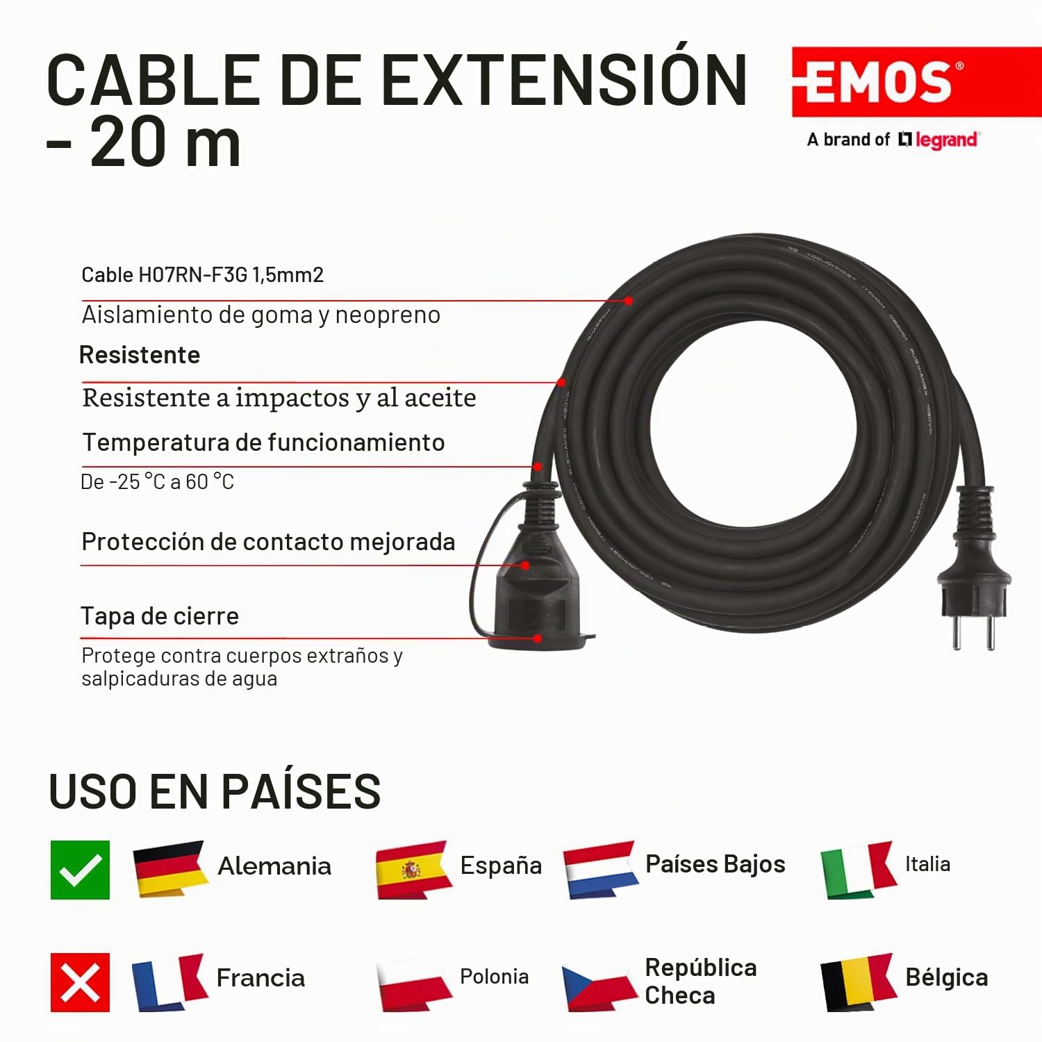 Emos E - 008 P1820 - Cable alargador Schuko, m, Cable de Goma para Exteriores, IP44, 1,5 mm2, H07RN - F3G, 20 Metros