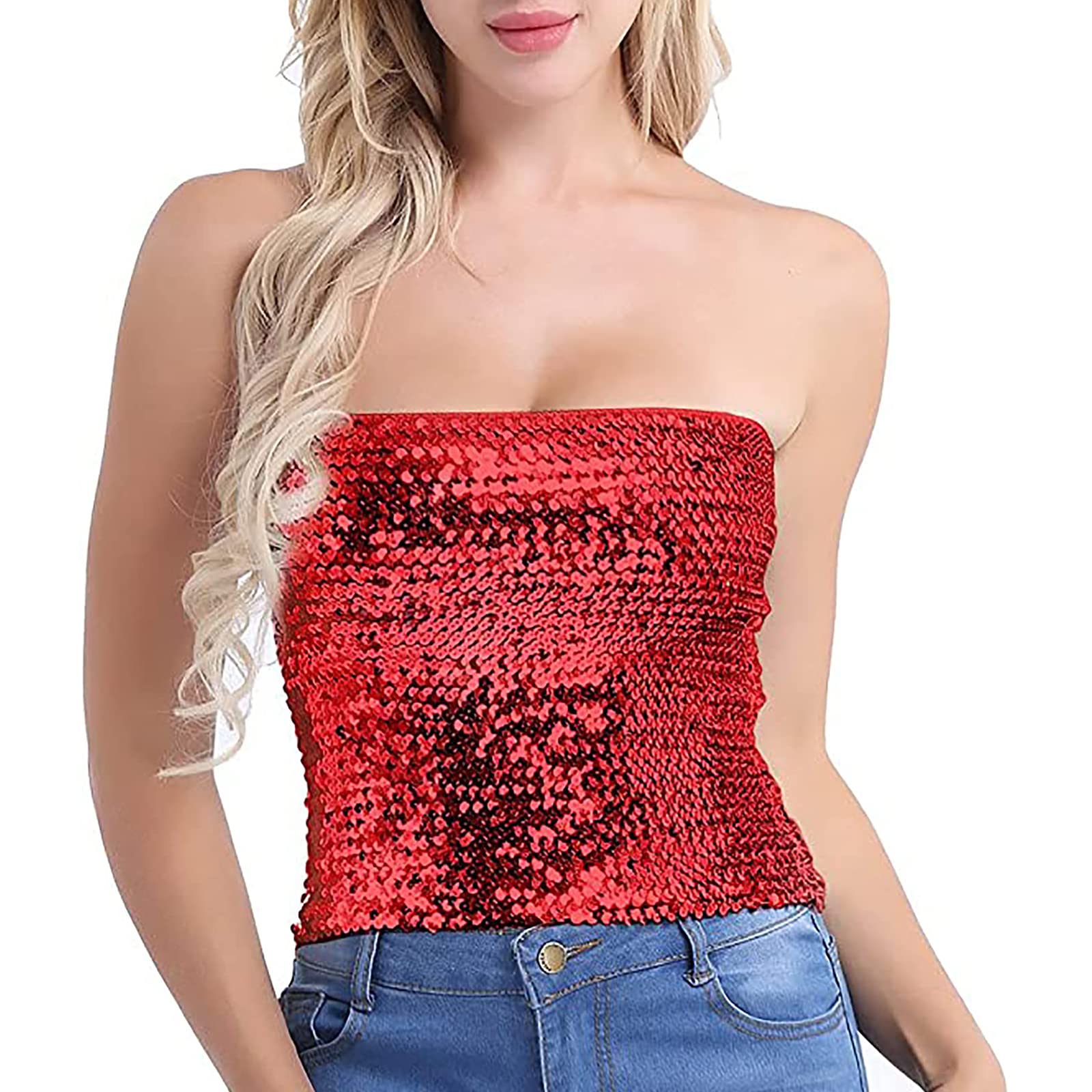 Maxtonser Women Sparkling Sequins Sleeveless Tube Top Stretch Bandeau Strapless Glitter Metallic Crop Top Camisole Party Clubwear