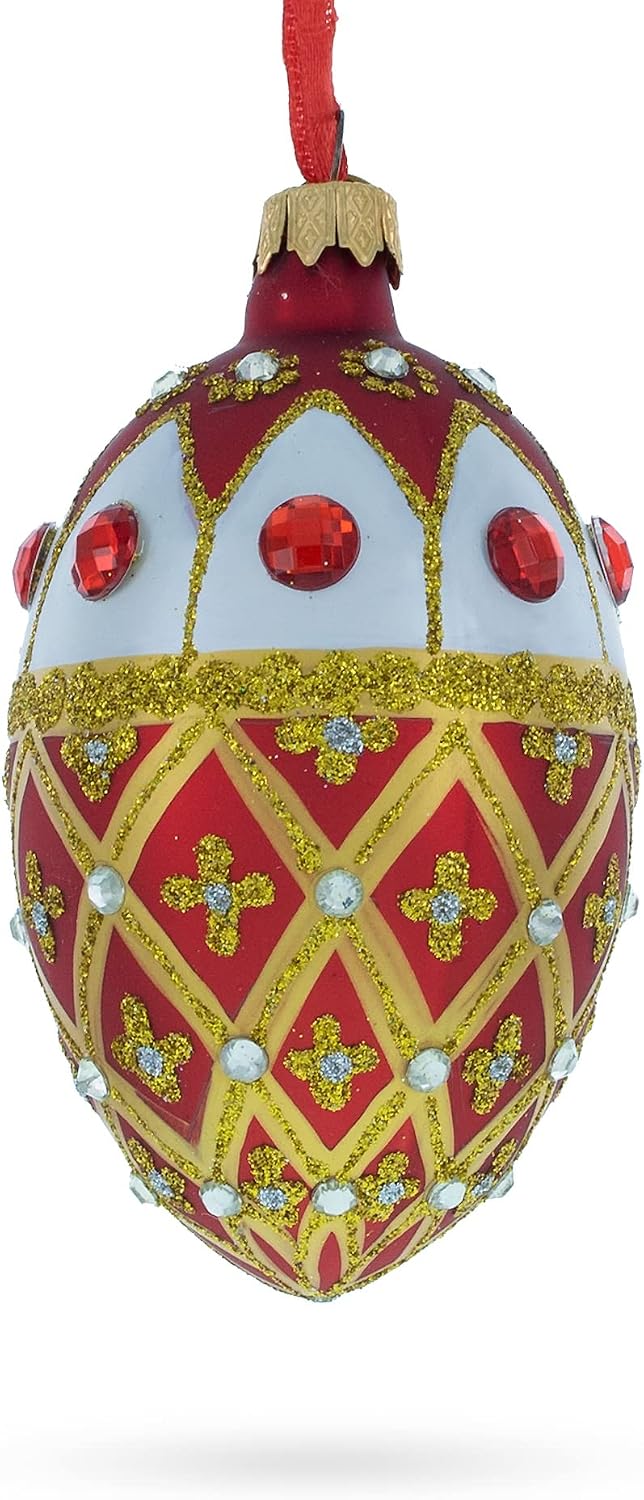 Jeweled Gold Trellis on Red and White Glass Egg Christmas Ornament 4 Inches