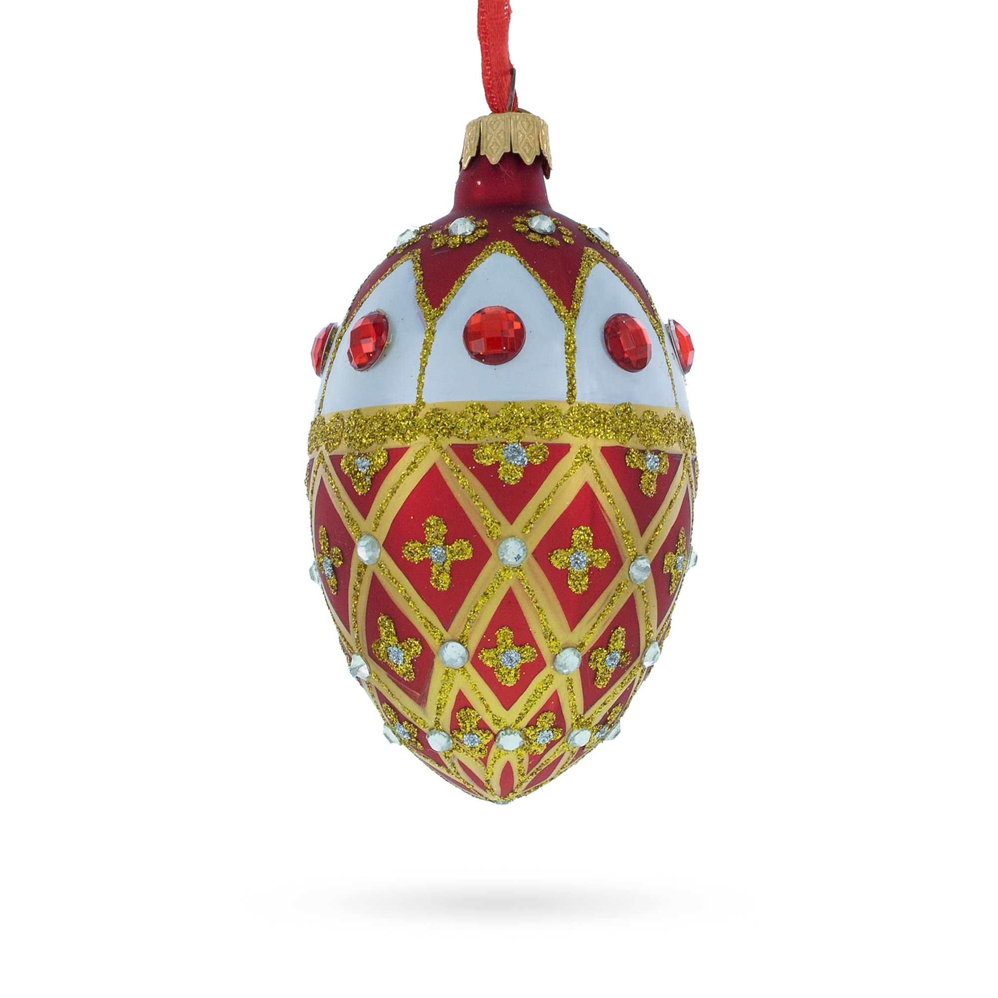 Adorno de Navidad de Huevo de Vidrio Rojo y Blanco con Celosía de Oro Engastado de 4 Pulgadas.