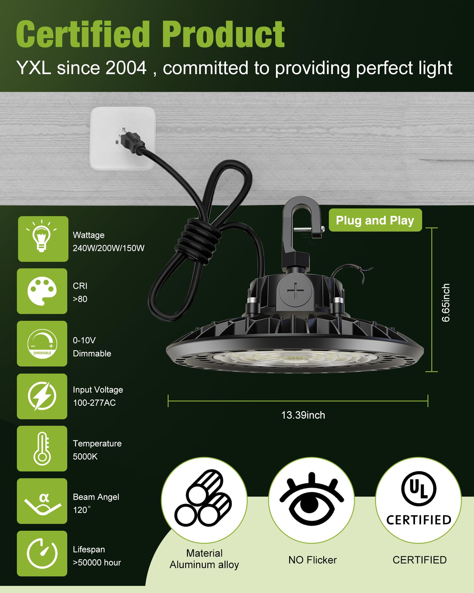 YXL 240W 6 Pack Super Bright UFO High Bay LED Shop Lights 36000LM 5000K 0-10V Dimmable US Plug — view 6