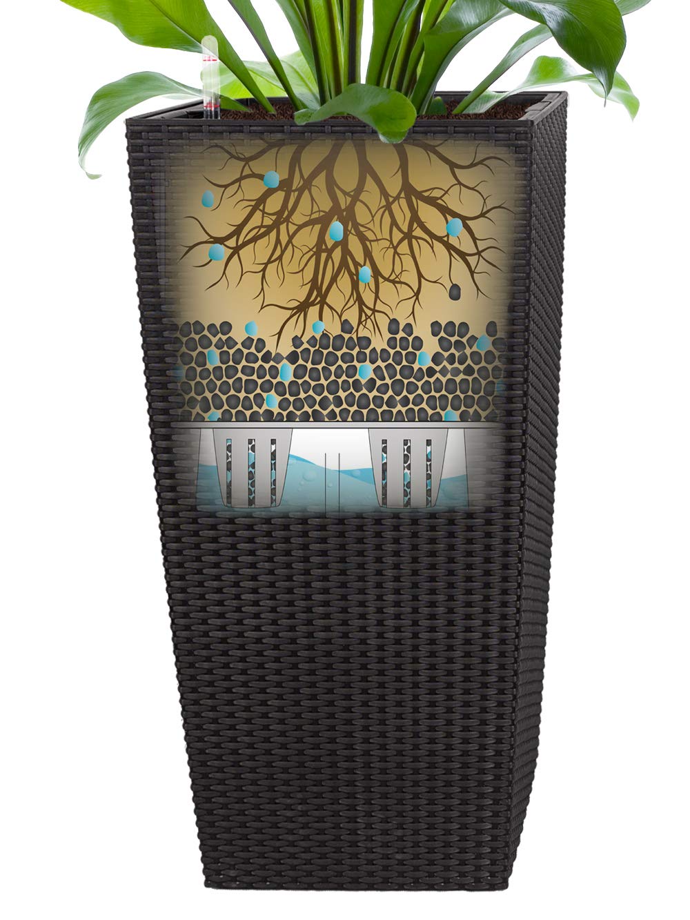 Pflanzwerk® ÖKOSYSTEM Donica na rośliny kwadratowe, doniczki na kwiaty z systemem nawadniania, 75 x 40 x 40 cm, rattan, czarny, donica na kwiaty do wewnątrz i na zewnątrz, ochrona przed