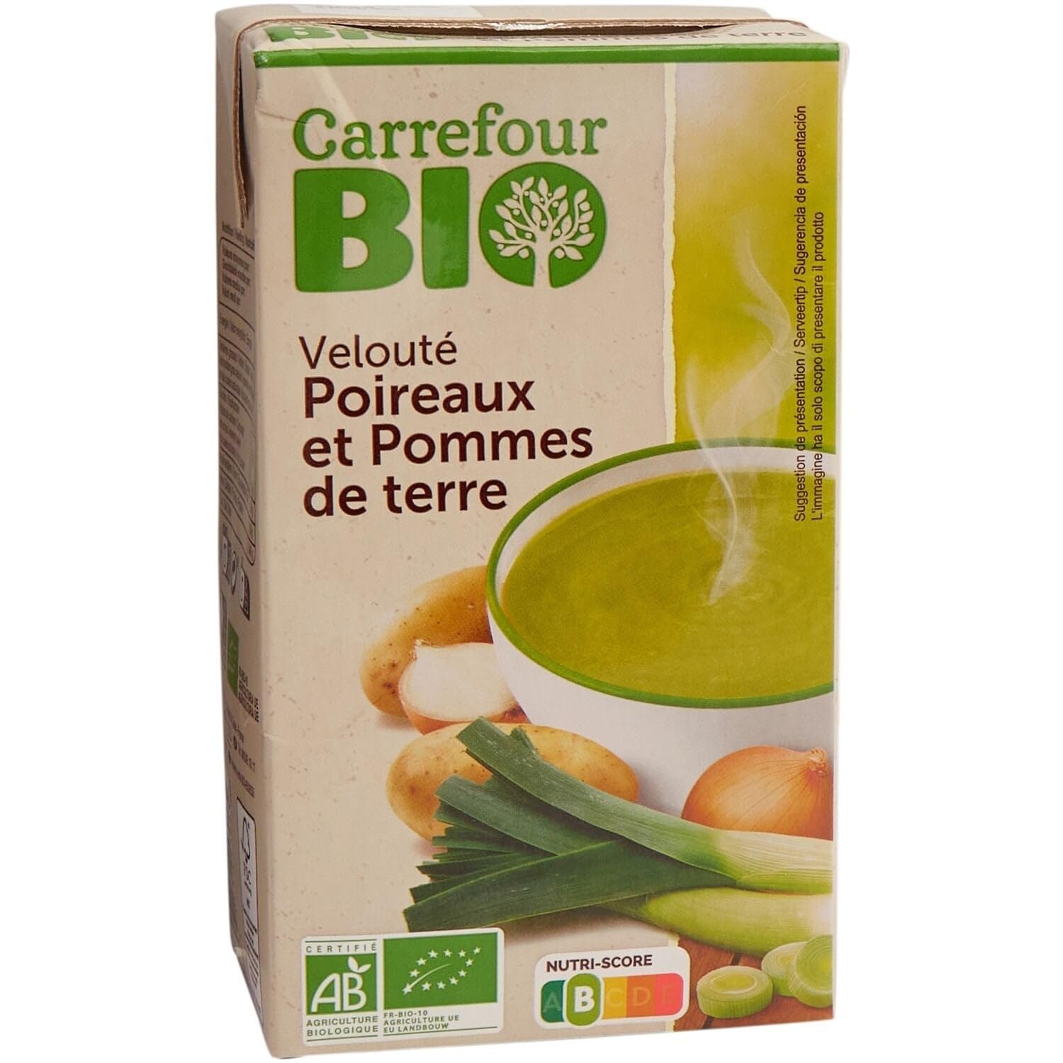 Repas chaud et réconfortant en quelques minutes avec CARREFOUR BIO Soupe Velouté Poireaux Pommes de Terre Bio, 1L - Lot de 4