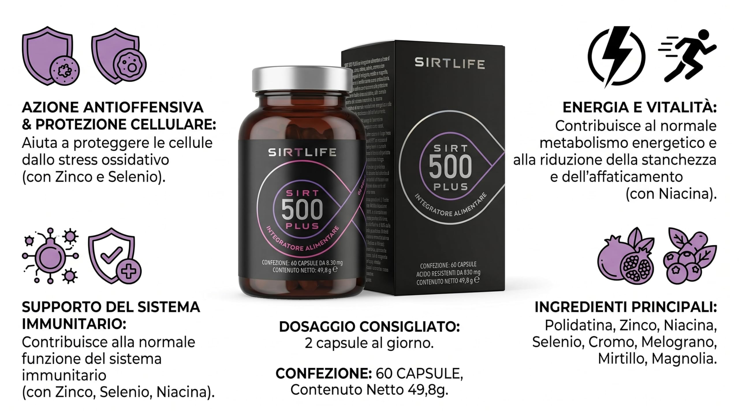 SIRT500 Plus, integratore alimentare naturale attivatore di Sirtuine, migliora il metabolismo e rallenta l’invecchiamento. 60 capsule
