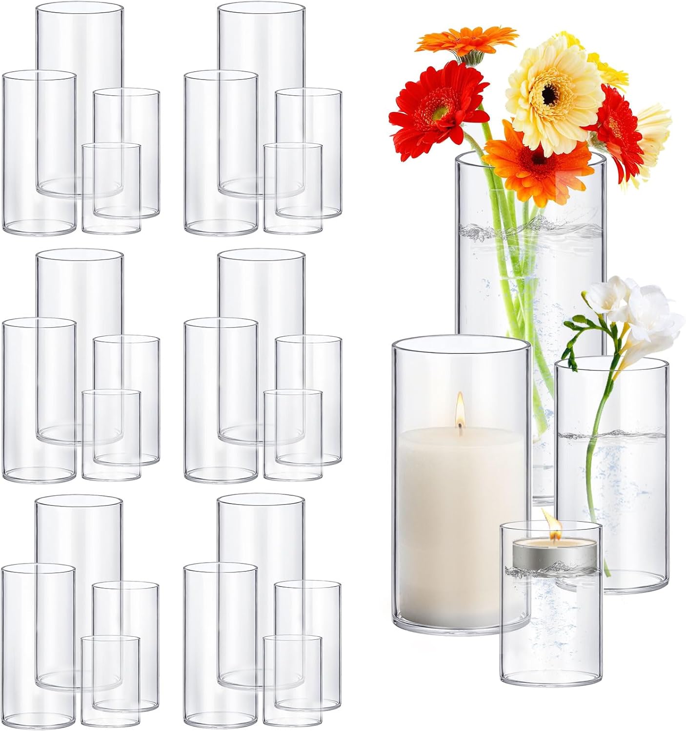 24 pack thick glass cylinder vases 4,6,9,12 inch tall clear flower vase hurricane floating candle holder for table centerpiece wedding home decor 24 pack (4,6,9,12 inch )