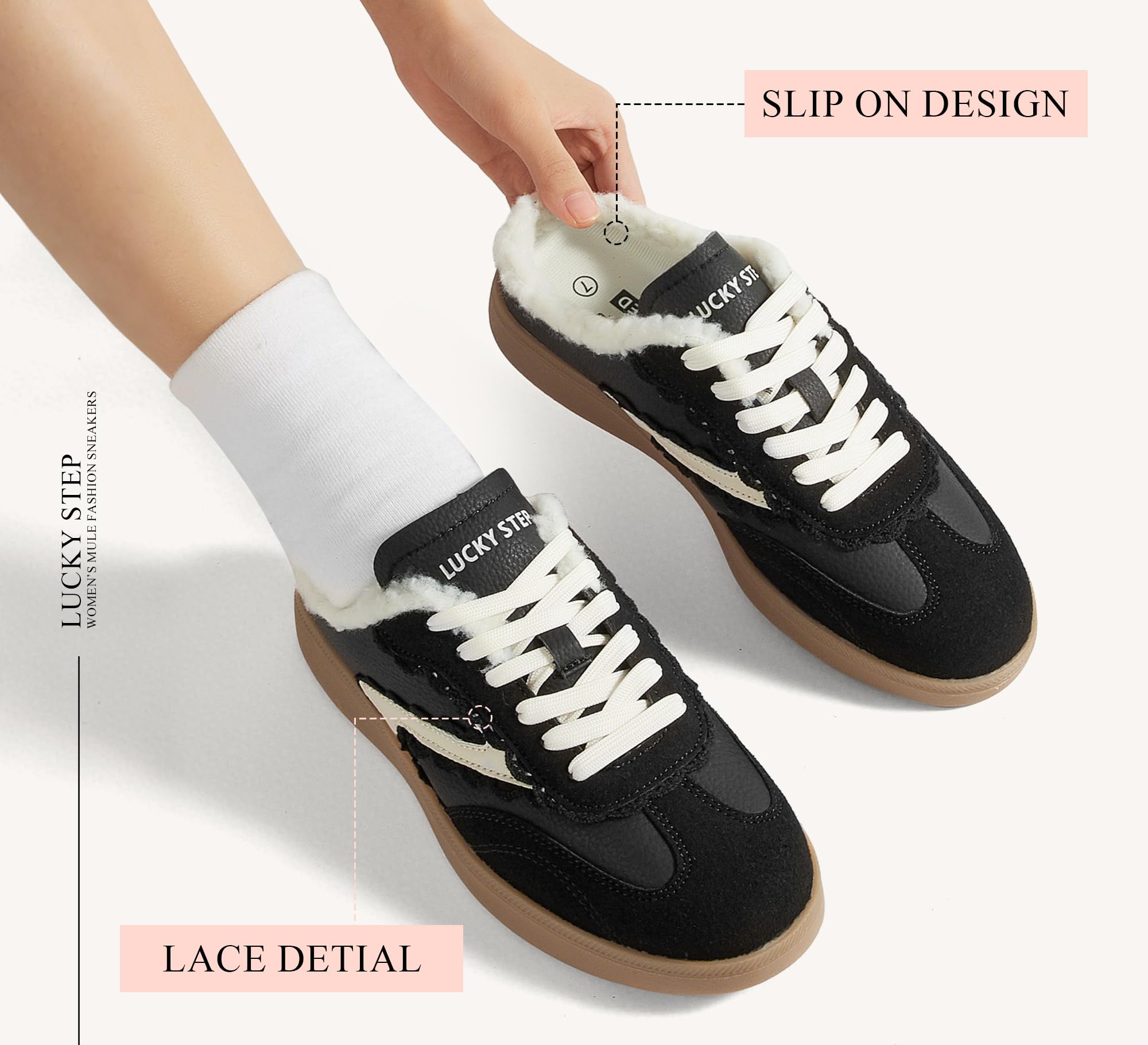 LUCKY STEP Mule Donna Senza Tacco, Sneakers Comode da Slip-On, Stile retrò e Casual per l'inverno