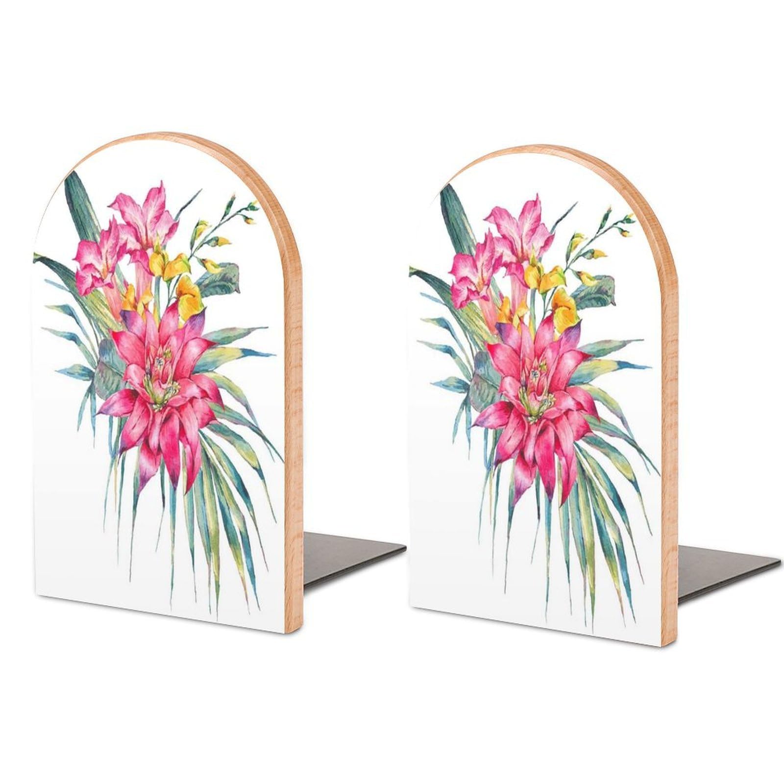 Vintage Floral Tropical Exotic Flowers Bird Paradise Twigs Leaves Beech Wood Bookends Heavy Duty Book Organizers Desktop File Holder for Office Home Bookshelf