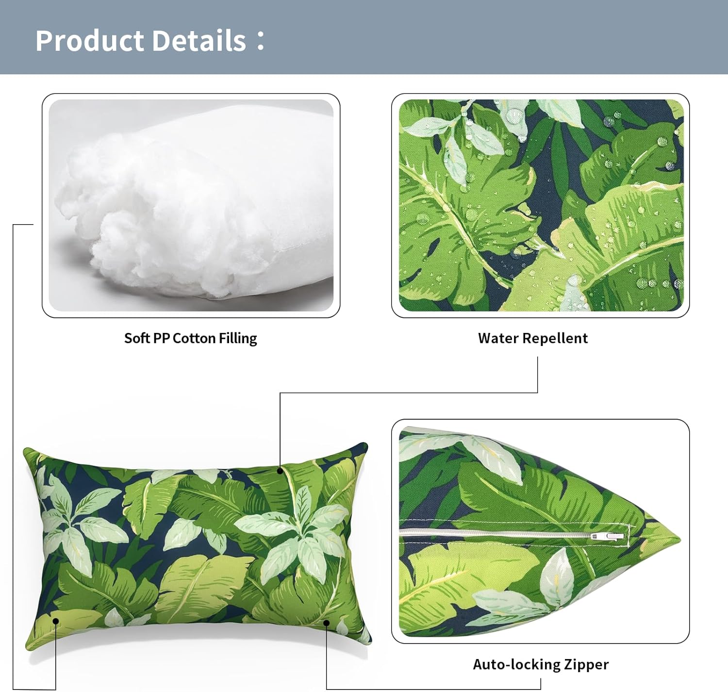 Outdoor Lumbar Pillows with Insert 12x20 Inch, Waterproof Throw Pillow for Patio Furniture, Decorative Lumbar Cushions for Garden Home Sofa Office Chair, Set of 2, Jungle Leaves