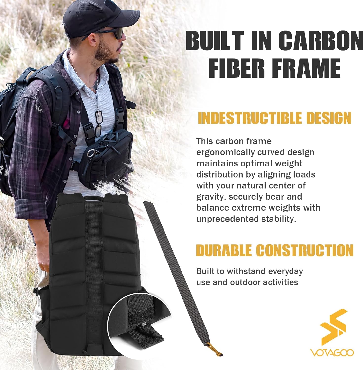 Tactical Backpack with Carbon Frame,15L Daypack 500D Durable Water-Resistant Pack W/ 16" Laptop Sleeve Multiple Organizational Compartments EDC Out bag for Hiking Camping Travel