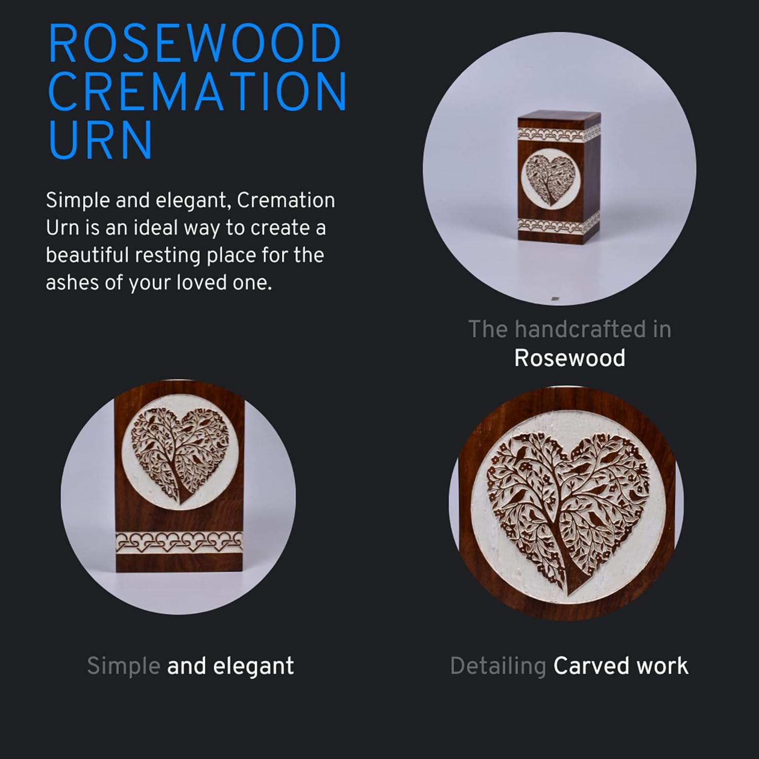 Rosewood Urn for Human Ashes - Tree of Life Wooden Box - Personalized Cremation Urn for Ashes Handcrafted Large Wooden Urn Box (Rosewood, M(9.5X5.5”) 180CU)
