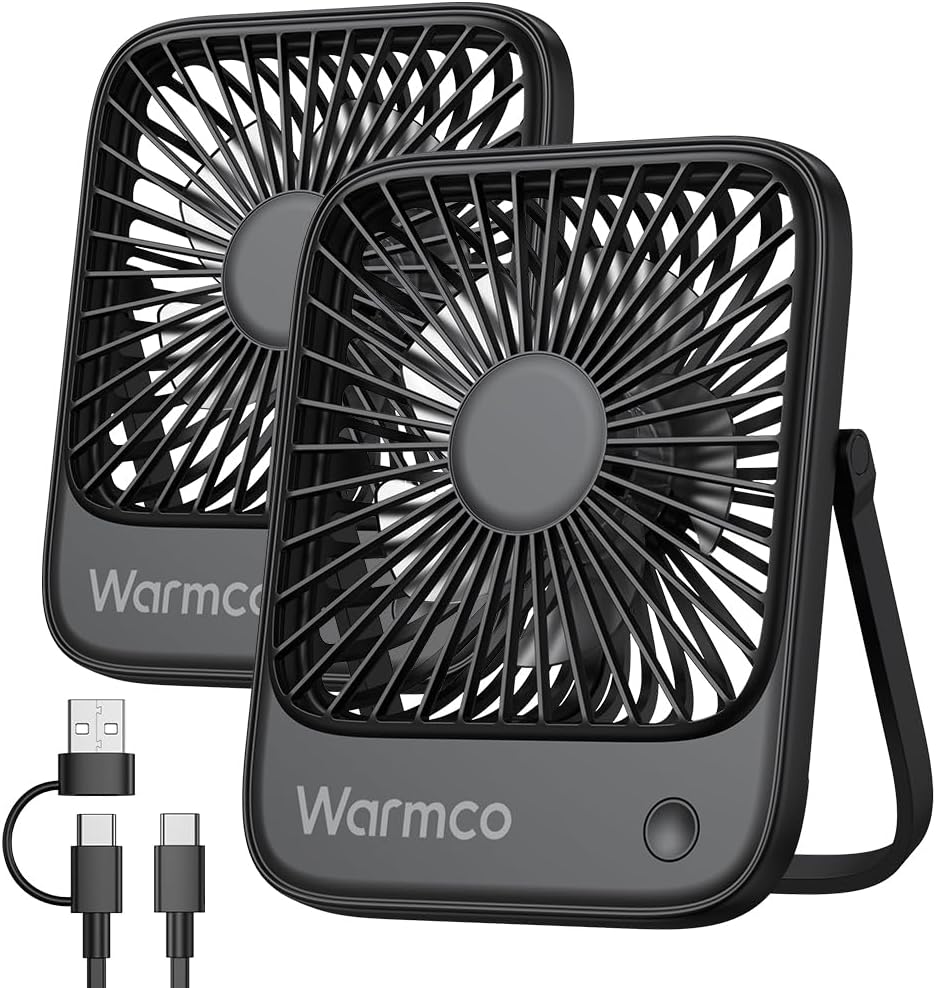 Warmco Ventilador de escritorio USB, paquete de 2 unidades, ventilador personal alimentado por USB C (sin batería), fuerte flujo de aire, 3