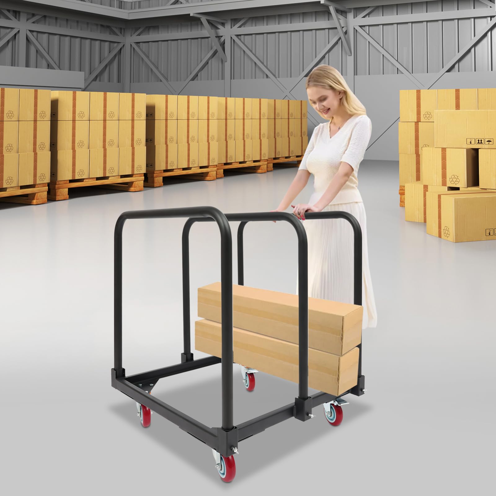 Carrello con 3 staffe tubolari, portata 90,72 kg, carrello di trasporto con 4 ruote girevoli con freno di stazionamento, carrello a piastre e supporto per il trasporto per magazzino e officina