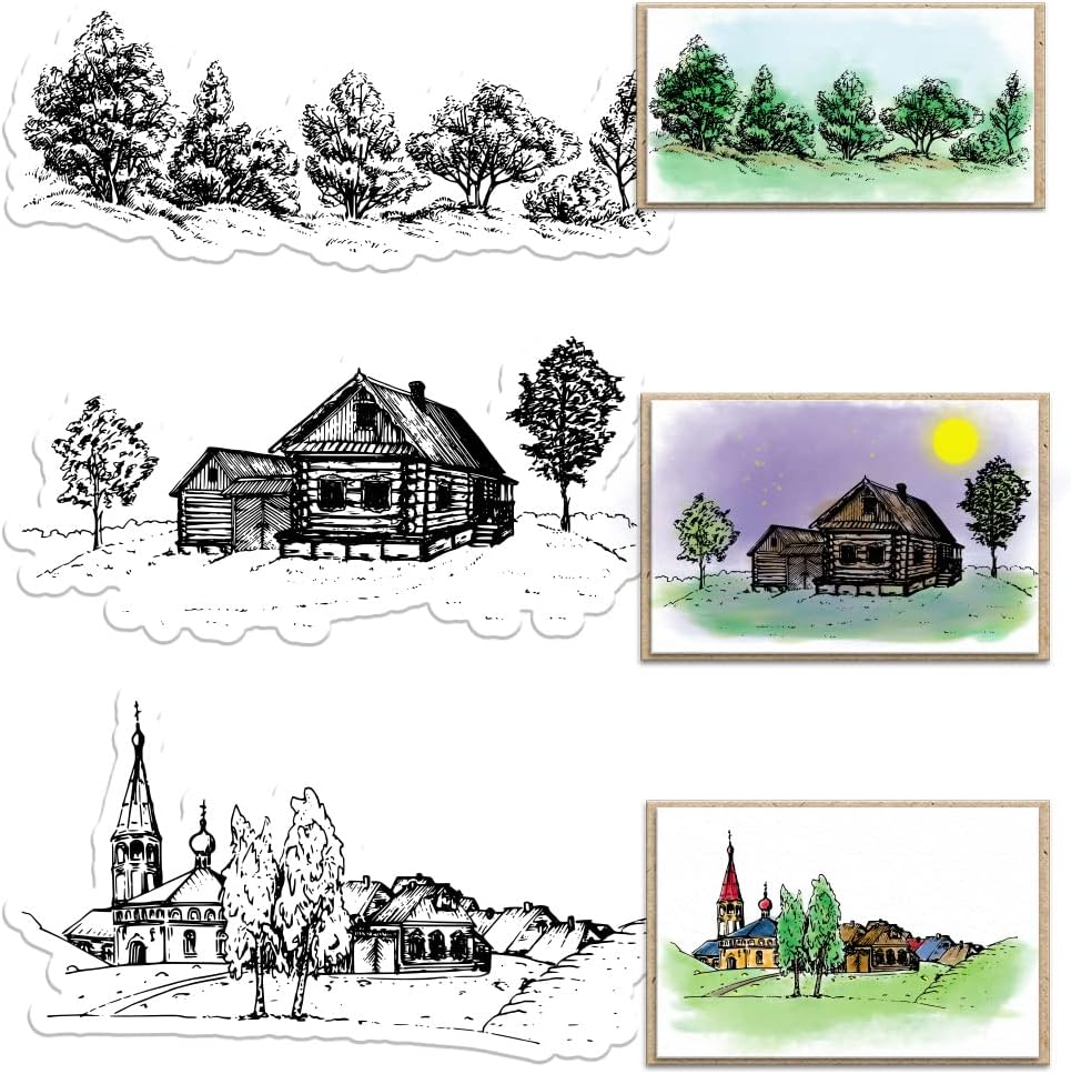 3 PCS Trees Background Clear Stamps for Card Making and Journaling, Forest House Silicone Stamps Village Trees Rubber Stamps for Scrapbooking DIY Cards Album Crafts Supplies