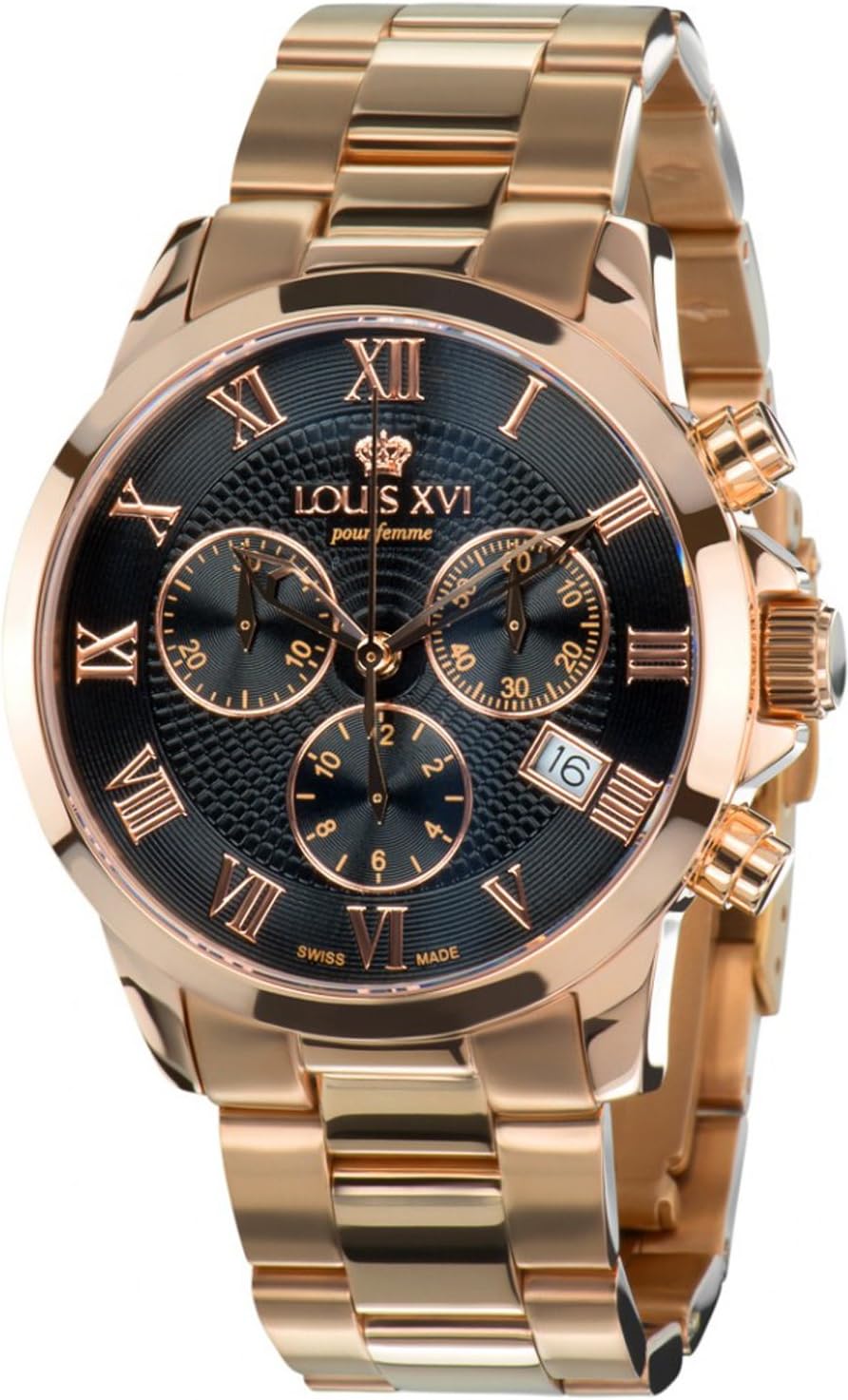 Louis XVI Women's-Watch Athos Pour Femme l'acier l'or Rose Noir Swiss Made Chronograph Analog Quartz Stainless Steel Rosegold 414
