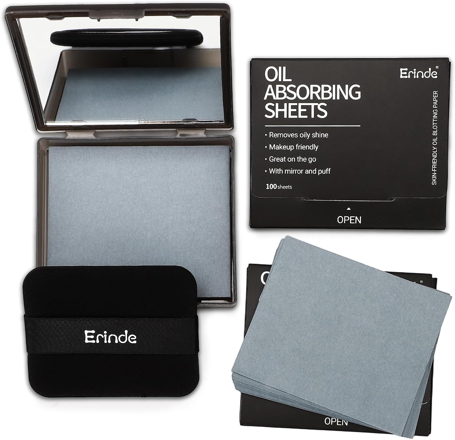 Erinde Oil Blotting Sheets for Face with Mirror and Puff, 300 Sheets Oil Blotting Paper for Oily Skin, Face Oil Absorbing Sheet, Natural Oil Control Film, Absorb Excess Oil, Makeup Friendly