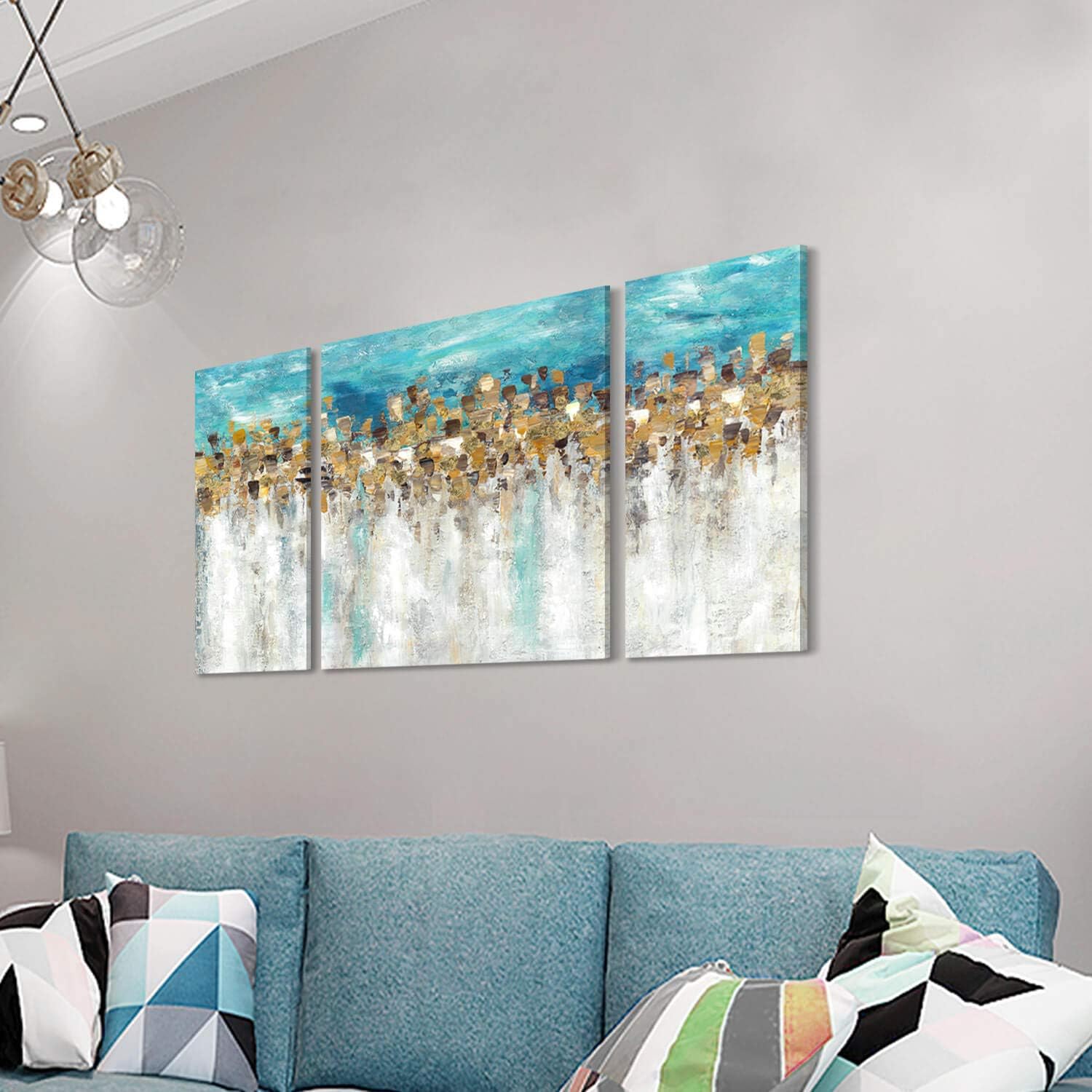 Best Deal Cheap 🛒 Gold Foil Canvas Wall Art: Abstract and Modern Painting Blue and Gray Artwork for Living Room (12x24x2 Panels+24x24x1 Panel)