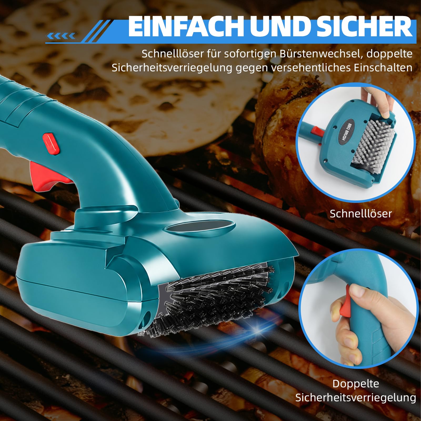 Elektrische Grillbürste für Makita 18V Akku, kabellos mit Edelstahl- & Nylonbürstenkopf, rotierend für Grillrost, Küche & Außenbereich (ohne Akku)