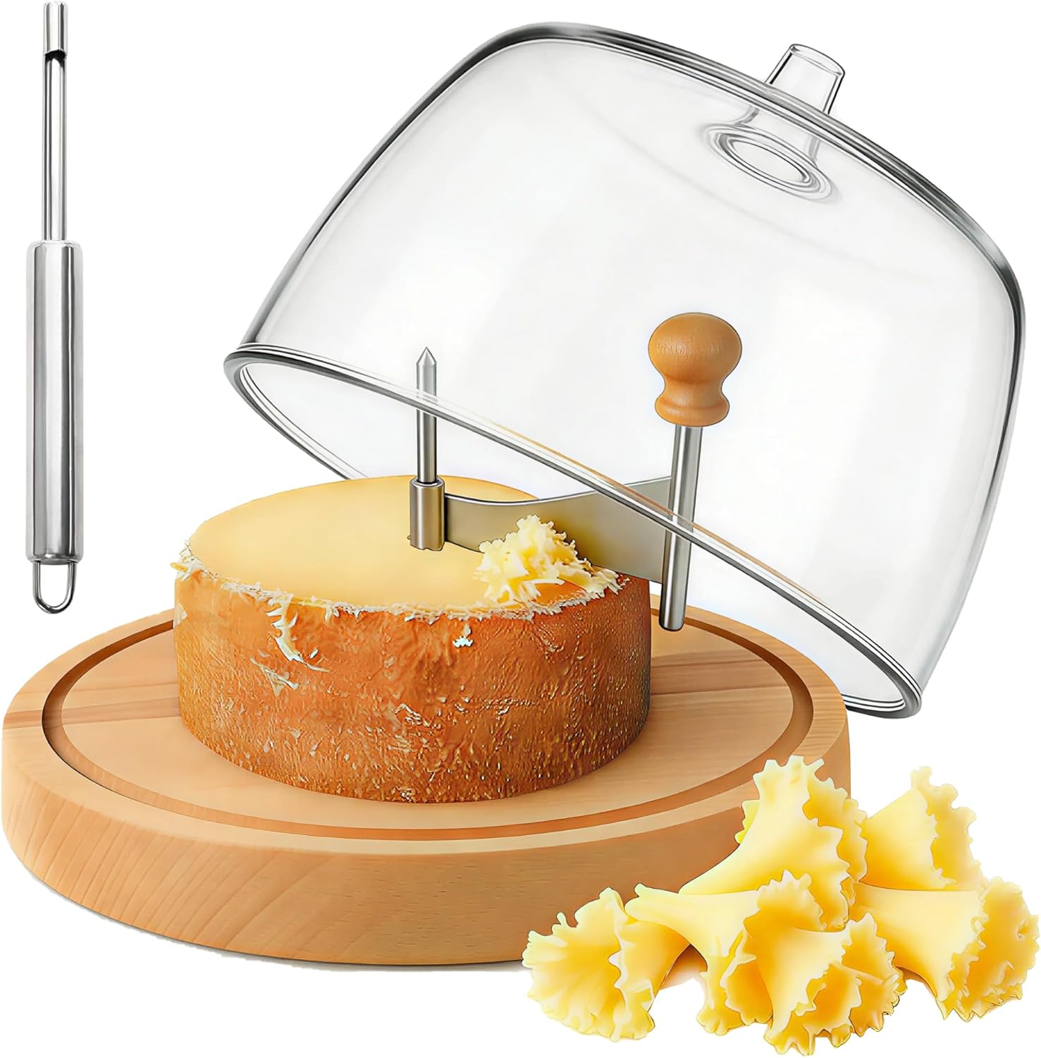 ZZXLLLO Girolle Cheese Curler Shaver Wheel – Stainless Steel Cheese Slicer Flower Maker Tool for Tête de Moine – Wood Base with Dome Lid, Sharp Blade, Hole Cutter, Gift Boxed