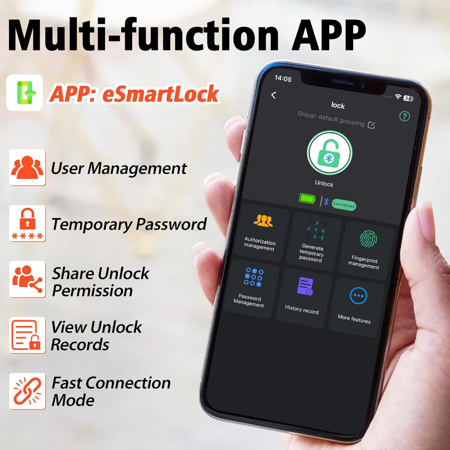 Screenshot of the eSmartLock mobile application interface showing user management, password options, and unlock records.