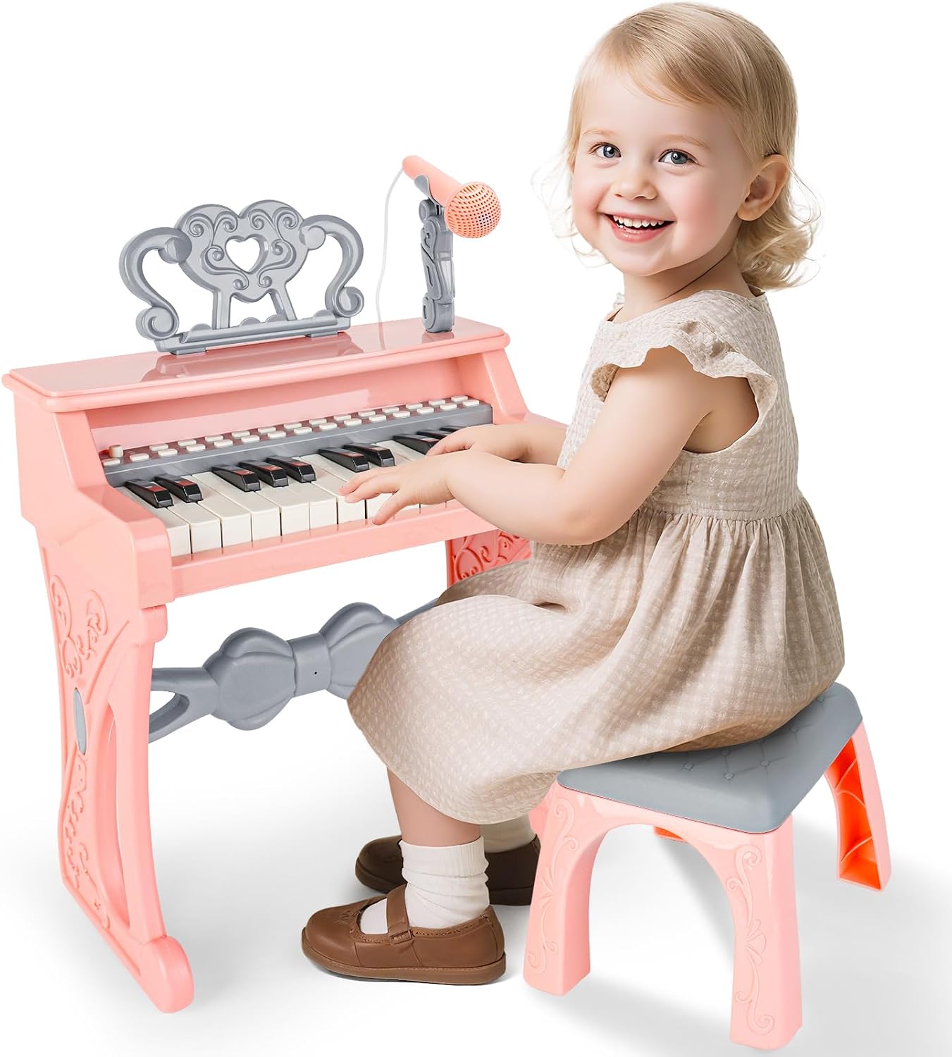 deAO Children's Piano for Girls, Children's Musical Piano Keyboard Toys, Piano Toy with Stool and Microphone, 25 Keys, 22 Songs (Pink)