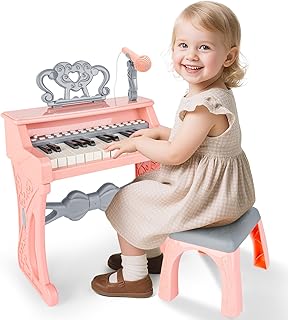 deAO Children's Piano for Girls, Children's Musical Piano Keyboard Toys, Electronic Piano Toy with Stool and Microphone, 25 Keys, 22 Songs, Pink