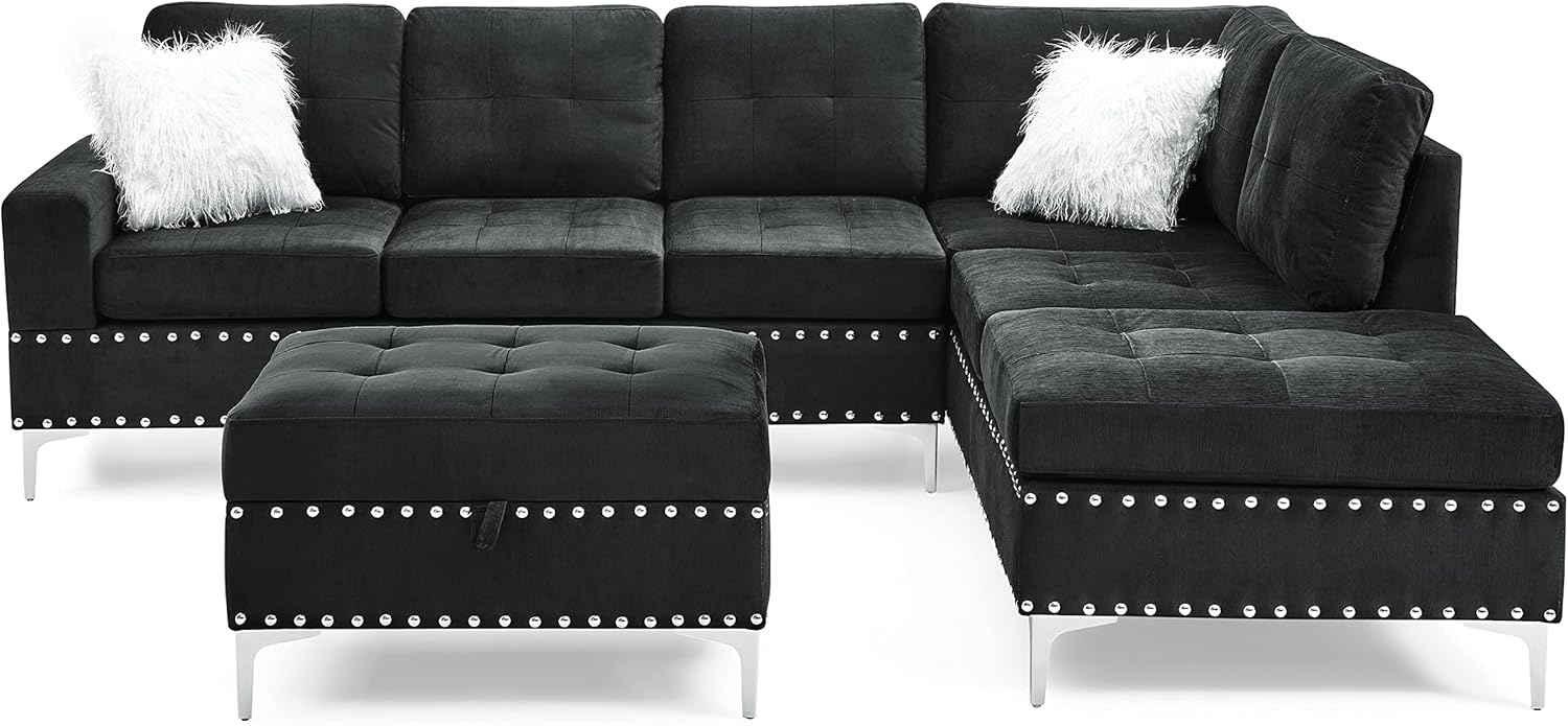 DEINPPA Living Room Furniture Sets, Reversible L-Shaped Sectional Sofa Couch Storage Ottoman and Cup Holders, Velvet Upholstered Couch with Nailhead Trim and Metal Legs-Black