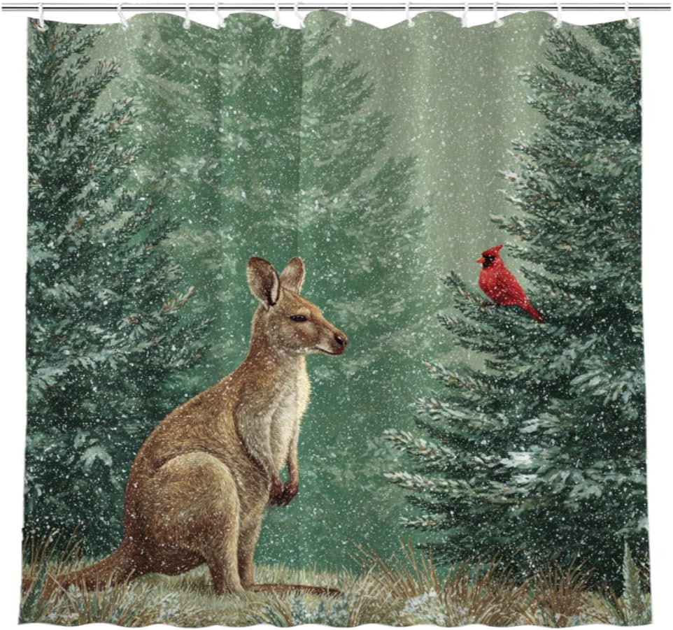 Black Cat with Cardinal Bird Winter Shower Curtain Snow Tree Christmas Bath Curtain Home Bathroom Decor 72x72 Inch with 12 Hooks