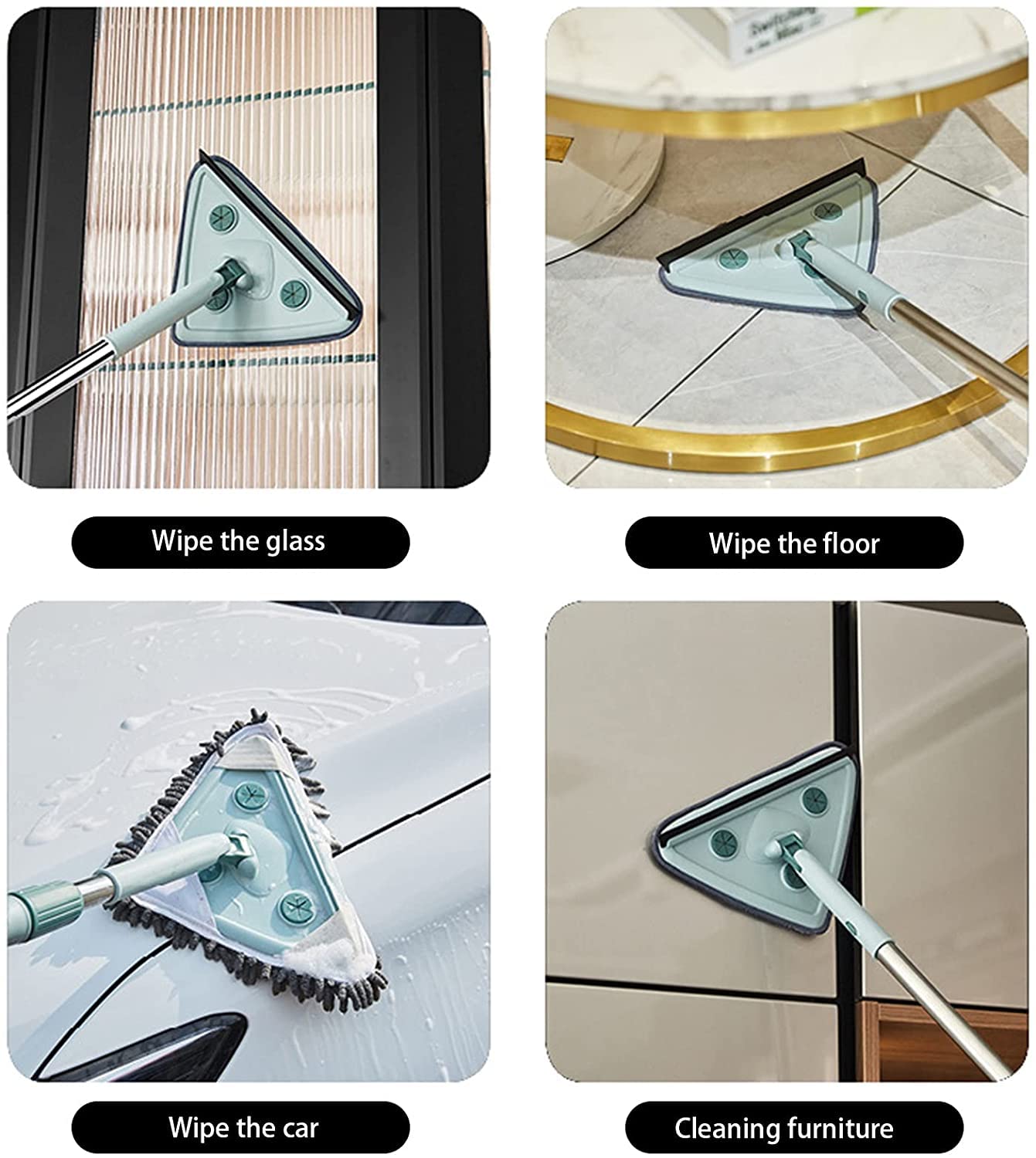 Trapeador húmedo y seco Trapeador de 360° Trapeador multifuncional extensible de microfibra Trapeador de limpieza triangular Giratorio Ajustable Con mango telescópico Con recambios Paño de repuesto
