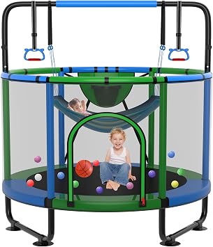 SKYUP 54"/60/66" Mini Trampoline for Kids Ages 3+, 400LBS No-Gap Toddler Trampoline with Net, Swing, Adjustable Gymnastics Bars, Basketball Hoop, Indoor/Outdoor Trampoline, Boys & Girls Gifts Toys