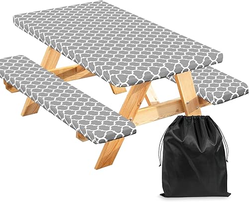 Senneny Juego de 3 fundas para mesa de picnic ajustables con funda de banco y bolsa con cordón, mantel de vinilo 100% impermeable con respaldo de