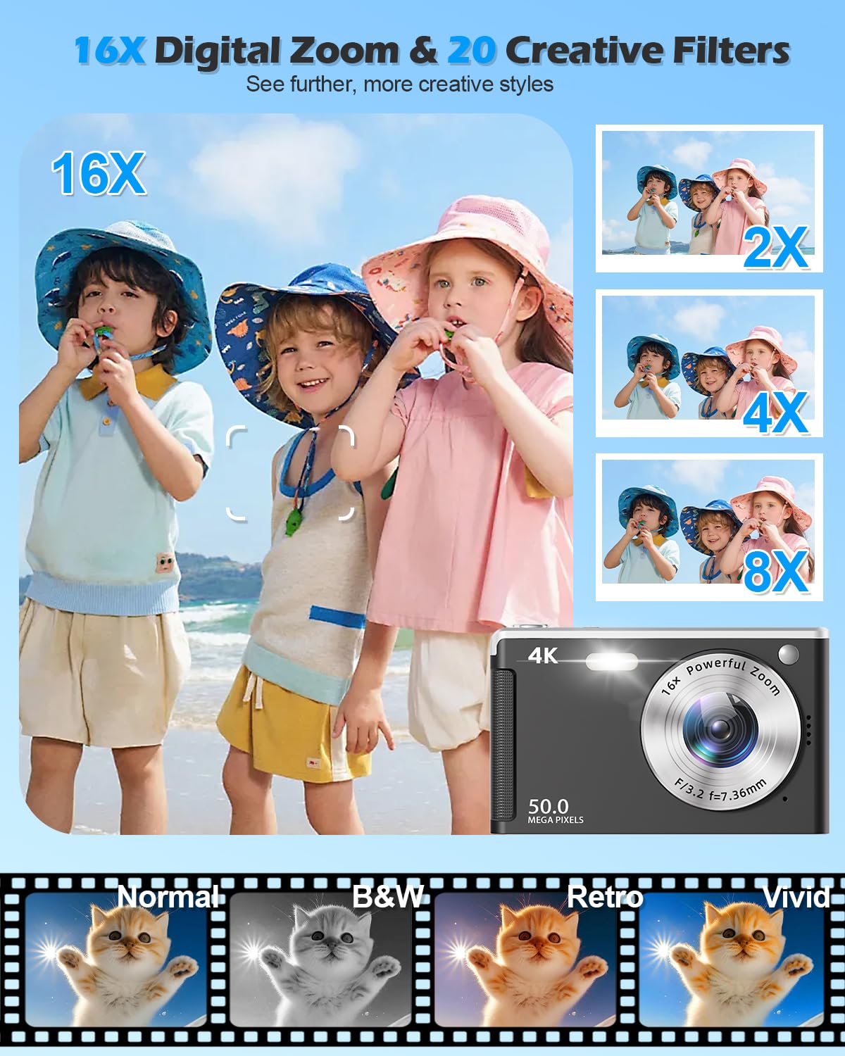 Appareil Photo Numérique UHD 4K 50MP Autofocus avec Carte SD 32 Go, Zoom 16X, Anti-Shake, 2 Batteries, Compact Noir