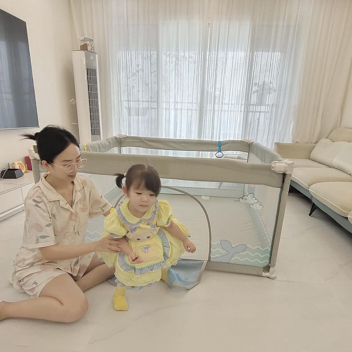 SeedFuture Baby Playpen 59x59 Inch Extra Large with Gate Light Grey, Soft Breathable Playpen for Toddlers, Safety Infants Playpen, Indoor or Outdoor Kids Activity Yard Kids Playpen with Suction Cup