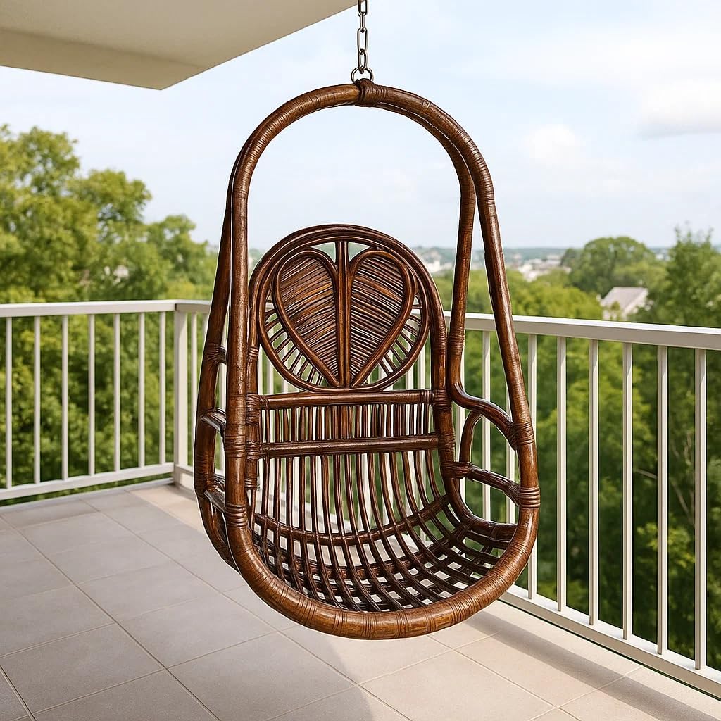 Rattan Swing Chair with Cushion | Single Seat Hanging Jhula for Balcony and Living Room | Indoor Swing with Heart Design for Adults and Kids