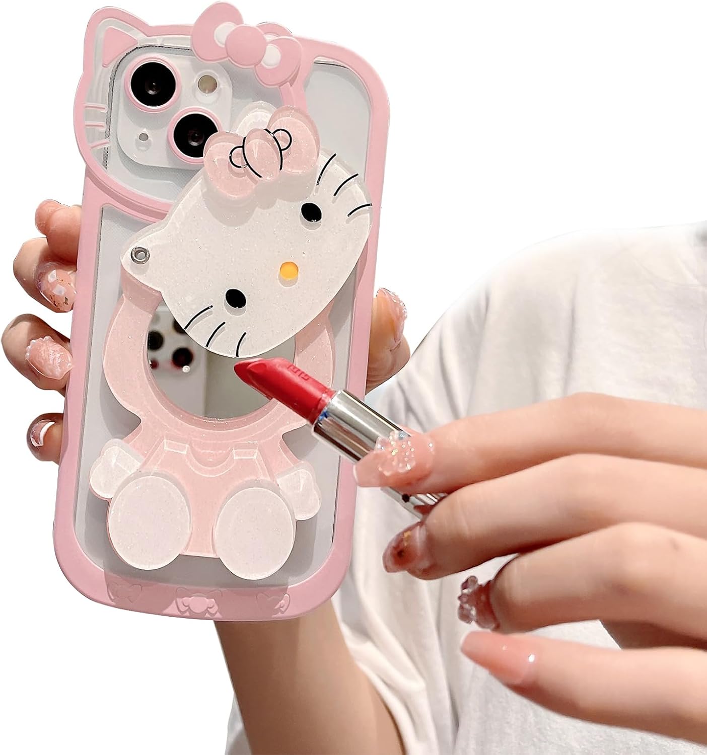 Cute and Lovely! Soft Silicone Anti-Collision Case Pink for iPhone 14 with Built-in Makeup Mirror. A Must-Have for Girls and Women.