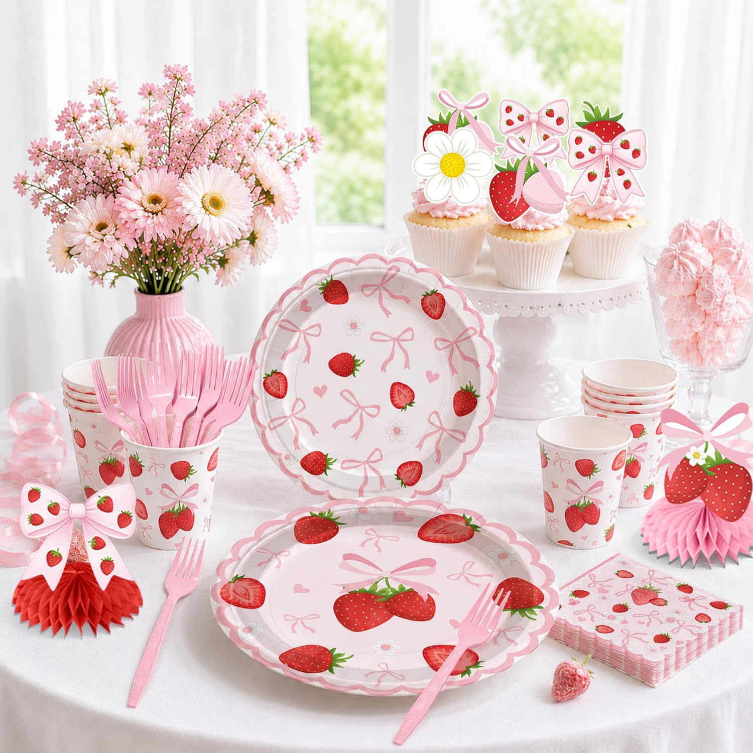Xynic Strawberry Birthday Decorations for Girl, 191PCS All-in-One Pink Bow Strawberry Decor Includes Banner Paper Plates Cake Topper and Tablecloths, Easy Setup Berry First Birthday Decor, Serves 25