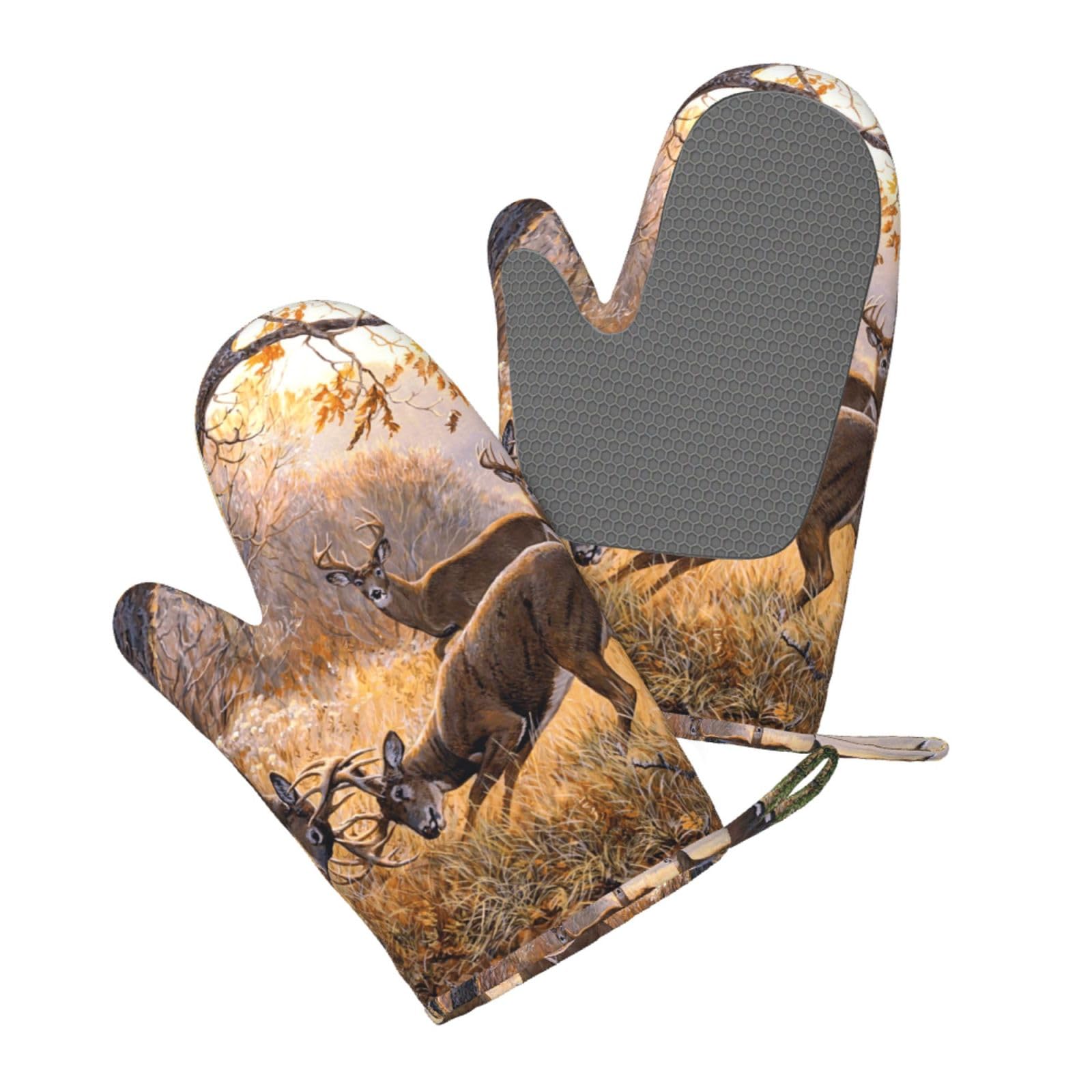 Aqrjlpo Women's Deer Hunting Silicone Oven Mitts Set 2Pcs, Printed Heat Resistant Non-Slip Silicone Oven Gloves For Kitchen Cooking Baking Microwave