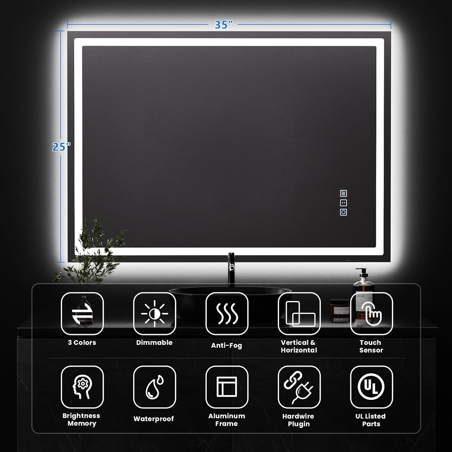 QAOYEDE 35"x25" Bathroom Mirror with Lights, LED Bathroom Vanity Mirror, Anti-Fog Dimmable Backlit and Front Light, Memory, 3 Color Modes, Shatter-Proof, Tempered Glass, Horizontal/Vertical for Wall