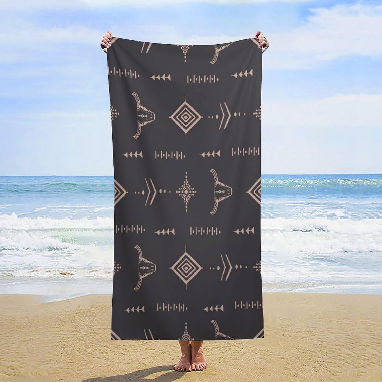 Aztec Beach Towel, Western Tribal Bull Skull Horns Ethnic Aztec Cow Pattern Pool Camping Swim Towels 31x63 Inch for Travel Swim Pool Yoga Cruise Camping Gear - Image 3