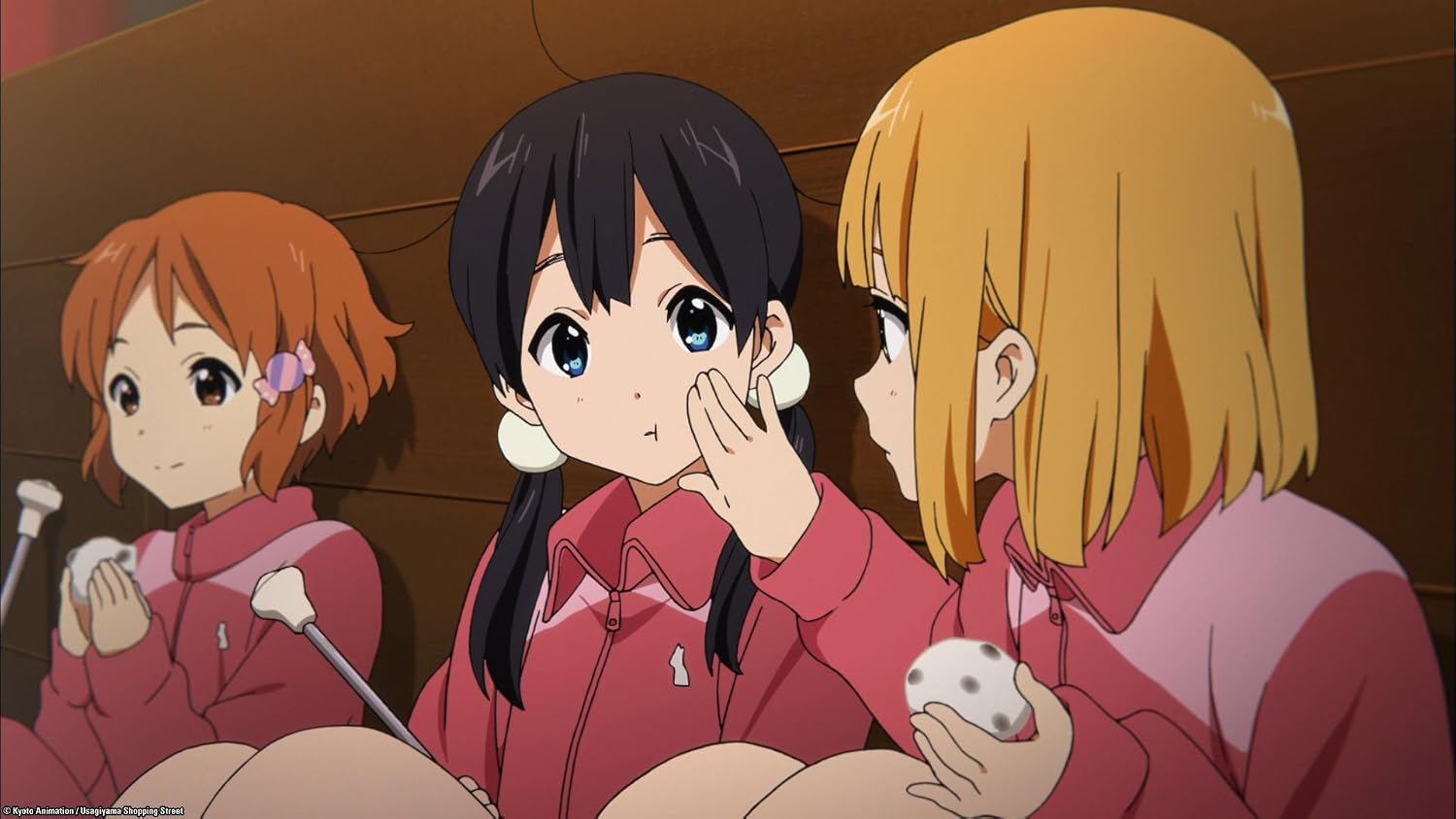 Tamako Market anime screenshot of three girls in tracksuits