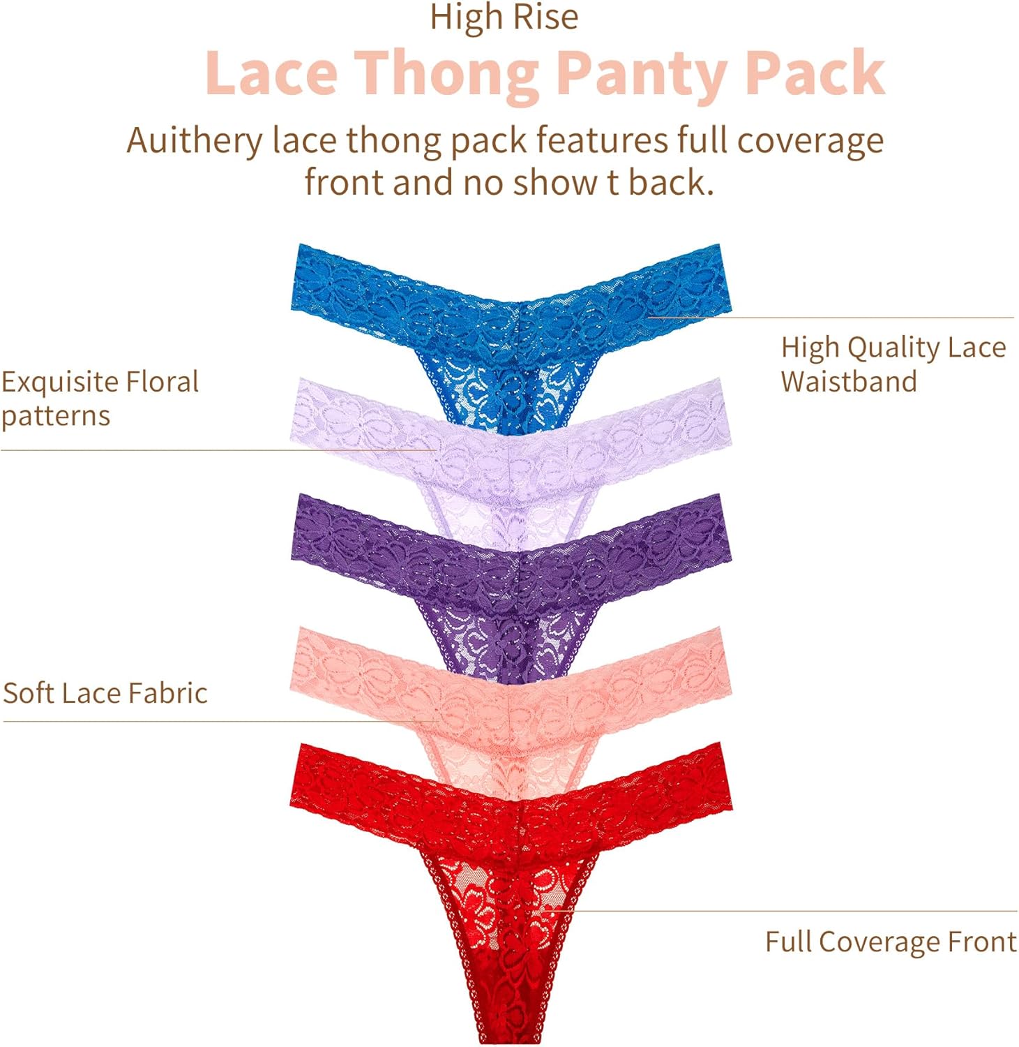 Thongs for Women Sexy Lace Cotton Panties Tummy Control G String Thong High Rise Underwear Size XS-4XL Pack 5 - Image 4
