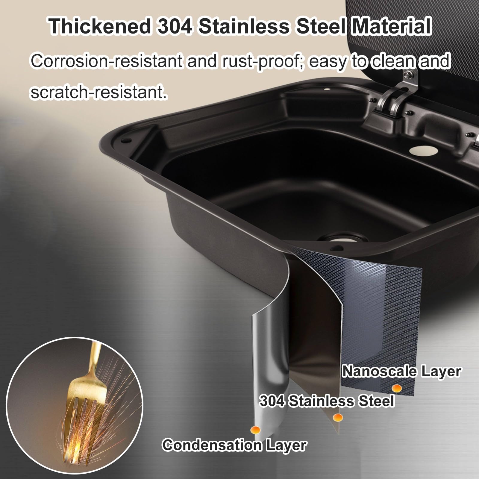 Fregadero Camper con Grifo Plegable y Cubierta de Vidrio, Fregadero Cocina de Acero Inoxidable 304, Apto para Vehículos Recreativos, Furgonetas Camper y Bares(Silver)