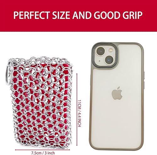 Miniatura 5 de Depurador de malla de hierro fundido con inserto de silicona roja, fácil de agarrar, limpiador de sartén de hierro fundido -Esponja de metal de